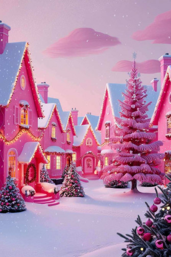 Pink Christmas Wallpaper With Winter Scenery