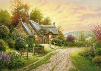 Maison Fleurs Route Nuit Peintures Wallpaper