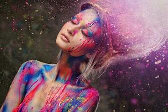 Women Bare Shoulders Paint Splatter Closed Eyes Sunlight Body