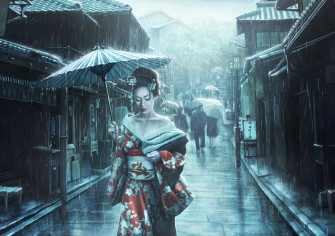 Artwork Women Asian Architecture Rain Geisha Street Umbrella Japanese Wallpaper