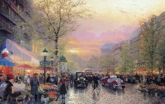 Des Lumieres At Dusk Thomas Kinkade Art Painting France Wallpaper