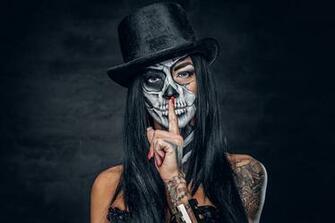 Image Tattoos Brunette Girl Makeup Day Of The Dead Hat Girls Hands