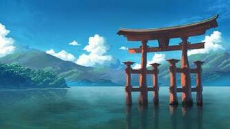 Tori Gate Digital Wallpaper Shrine Water Mountains Clouds HD