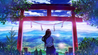 Anime Sky Landscape Plants Trees Clouds Mountains