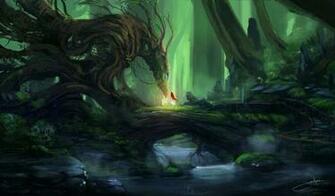 Wallpaper Art Blinck Forest Dragon Girl Red Trees Stream Rocks