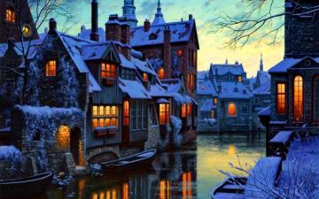 City Lights Dusk River Winter Wallpaper