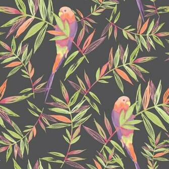 Parrots Bird Pattern Tropical Leaf Leaves Painted Motif Wallpaper Roll
