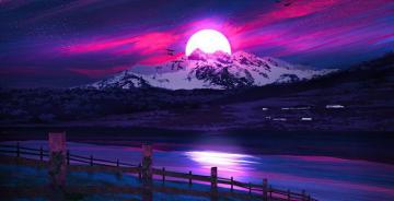 Lake Woonden Fence Mountains Landscape Sunset Neon Art