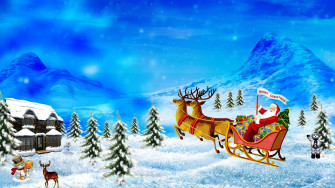 Christmas Background Santa Flying With Reindeers Merry Wallpaper