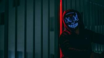 Wallpaper Mask Hood Neon Anonymous Glow