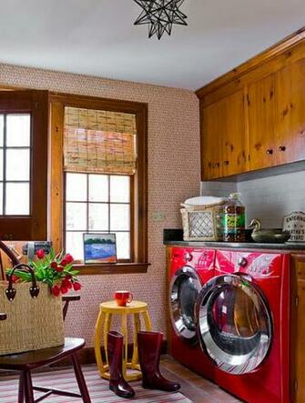 Katie Rosenfeld Red Washer Dryer Matchstick Blinds Yellow Stool