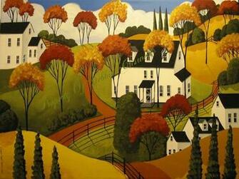 Original Painting Folk Art Naive Primitive Country Autumn Fall Landsc