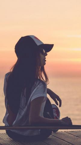 Girl Skate Sea Sunset Cap iPhone Wallpaper