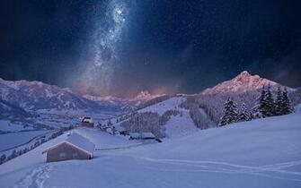 Beautiful Winter Snow Cottage Mountain Sky Tree Nature