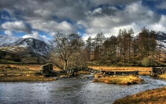 Ancient Bridge Over Island In River HDr Wallpaper