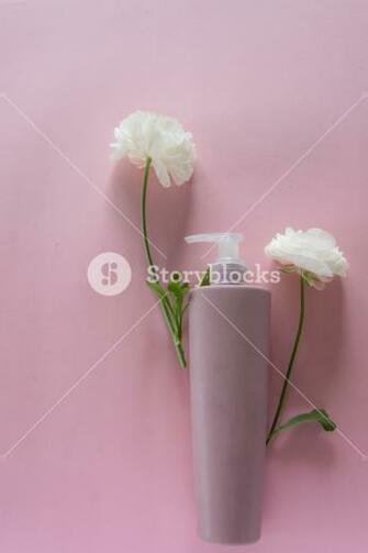 Top Of Different Hygienic Cosmetic Products And Flowers On