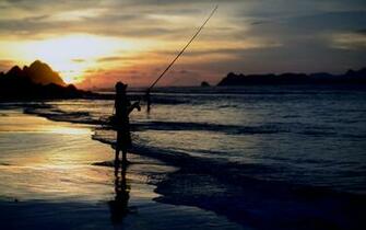 Beach Ocean Sunset People Fishing Sea Waves Wallpaper Background