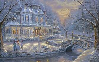 Wallpaper Cottage Christmas Tree Snowman Kids Bridge River