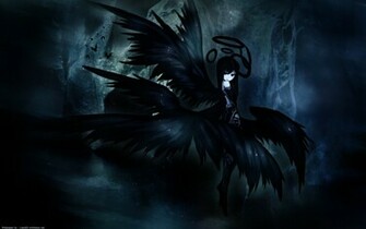 Wings Anime Girls Black Hair Dark Halo Original