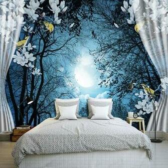 Custom Wall Mural Paper 3d Window Night Forest Moon Flower Bird