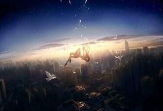 Anime Girl Falling Down Cityscape Bird Feathers Wallpaper