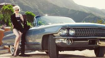 Hot Blonde Babe Carissa White And American Classic Car Wallpaper