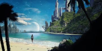 Matte Painting Space Futuristic Beach Sea Wallpaper HD
