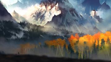 Autumn Trees Mountains Forest Fantasy Wallpaper