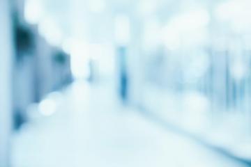 Medical Blurred Background Empty Hospital Corridor In Neon Blue