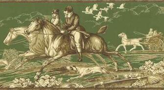 Green Toile Wallpaper Border Hunting Scene Cream Brown York Ep7101b