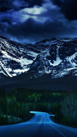Mountains Snow Long Road Black Sky Wallpaper