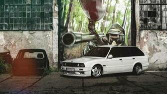 White Station Wagon Parked Beside The Painted Wall HD Wallpaper