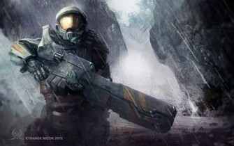 Halo Armor Warrior Weapon Rain Art HD Wallpaper