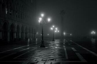 Marco City Night Fog Lights Black And White Mood Wallpaper Background