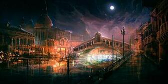 Pictures Venice Italy Bridges Night Cities Painting Art