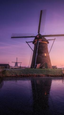 Windmills Haze Morning River Netherlands iPhone