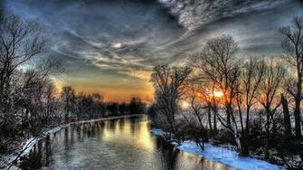 Wallpaper Sunset Winter River Sky HDr 4k Ultra
