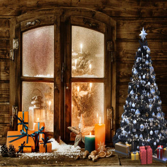 Fox Christmas Log Cabin Winter Window Fabric Vinyl Backdrop