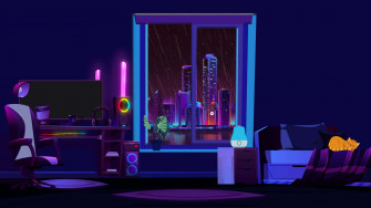 A Room With Computer And Lamp Wallpaper