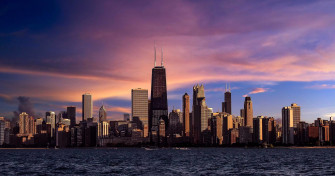 Chicago Illinois City River Skyscrapers Evening Wallpaper