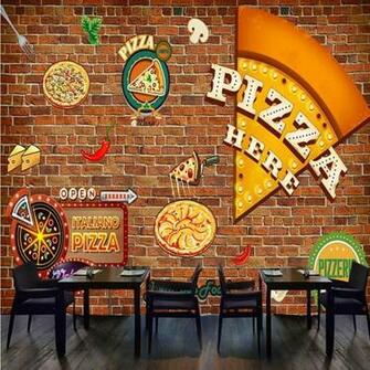 Custom Mural Retro Pizza Fresco Western Restaurant Brick Wall