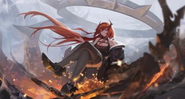 Arknights Breasts Cleavage Fire Garter Horns Long Hair Purple Eyes