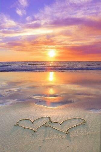 Beach Sunset With Hearts Drawn In The Sand Happy Valentines Day