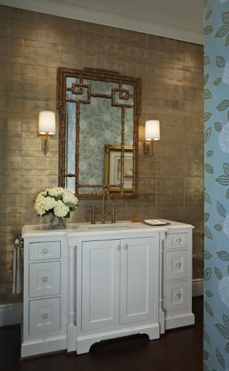 Lovely Bathroom With Gold Metallic Wallpaper Framing Faux Bamboo