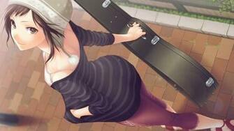 Anime Girl Guitar Case Walking Brunette Original HD Wallpaper