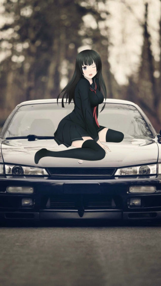 A Girl Sitting On The Hood Of Car Wallpaper