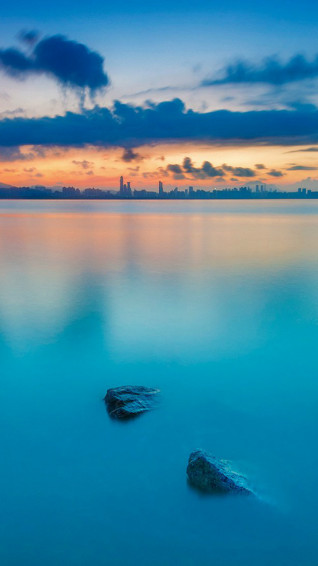 City Calm River Nature Blue Sunset iPhone Wallpaper