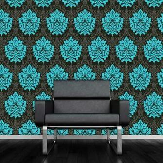 Shop By Style Damask Marrakesh Teal Black Wallpaper