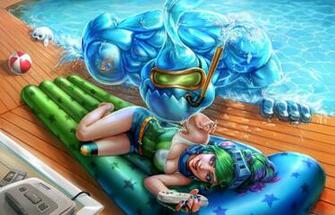 Riven Zac Pool Party League Of Legends Wallpaper