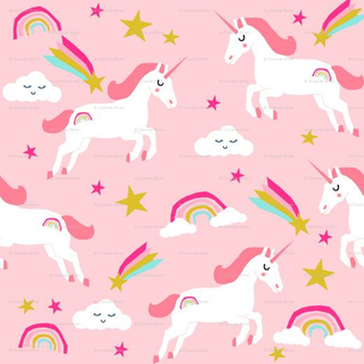 Unicorn Bright Colors Fabric Rainbow Clouds Stars Cute Girls
